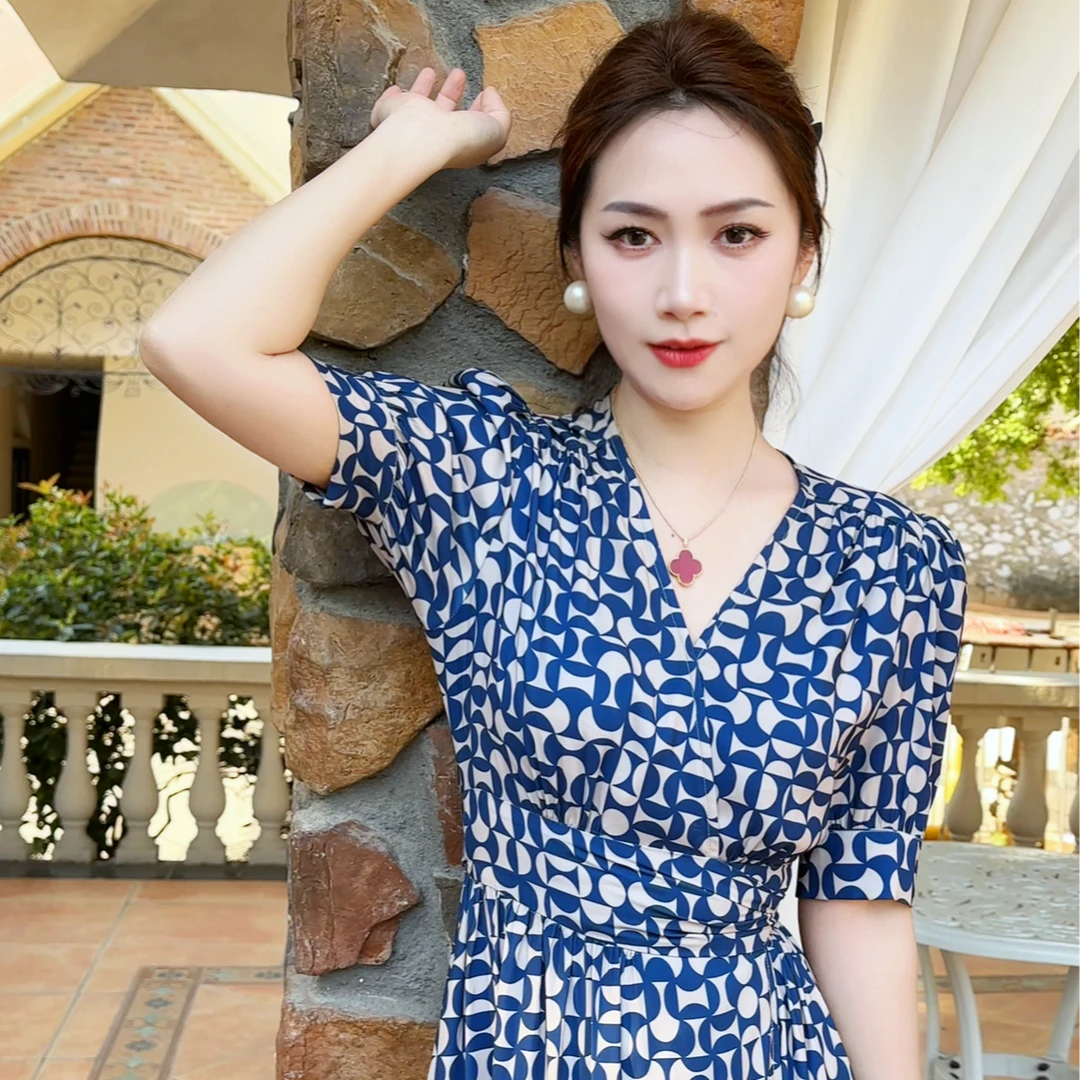 夏季法式连衣裙收腰修身轻熟风V领绑带法式A字气质长裙8801#