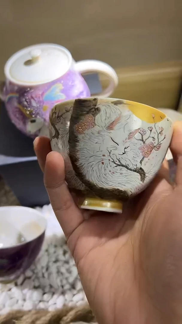 拾泥手绘九尾狐杯