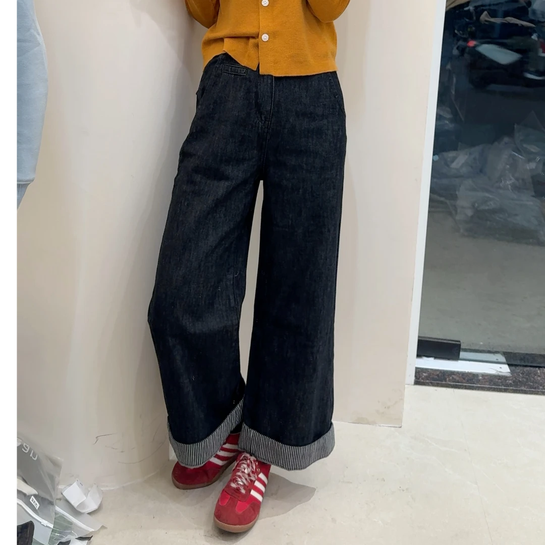 春款翻边【可不卷边】直筒百搭阔腿牛仔裤（S-XL穿到135斤裤长95以上