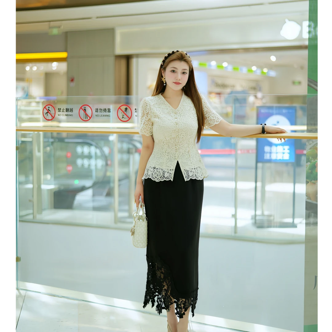 XYD71629/XYD71630法式刺绣蕾丝上衣半身裙显气质套装大码女装