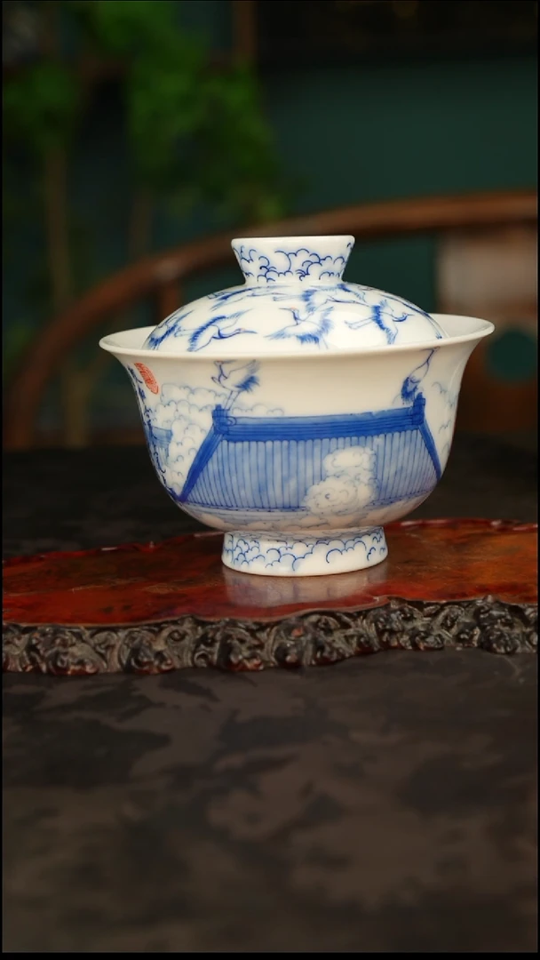 画堂春瑞鹤图盖碗