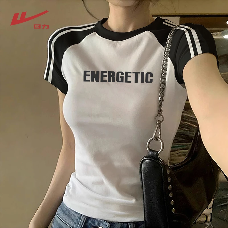 Warrior/回力美式撞色短袖t恤女夏季oversize条纹插肩半袖上衣