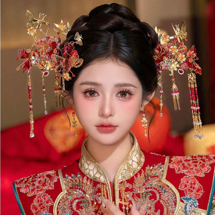 GZ198新娘秀禾头饰新中式复古红色奢华大气结婚汉服旗袍婚服发饰