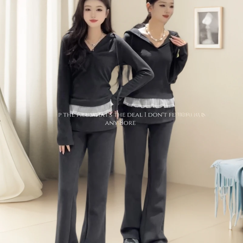 欧货2025秋季新款纸片人拼接蕾丝边连帽上衣T恤喇叭裤时尚套装潮