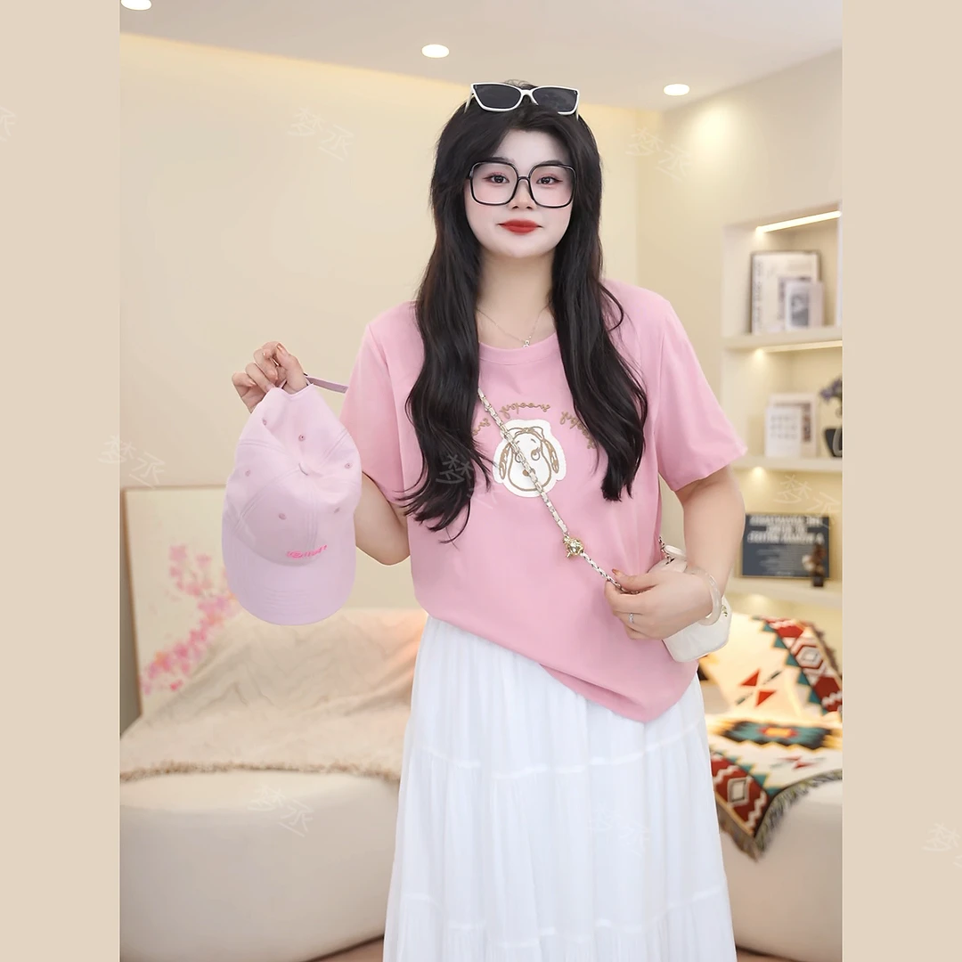梦丞-胖妹妹大码女装圆领卡通印花设计感百搭简约时尚短袖T恤上衣