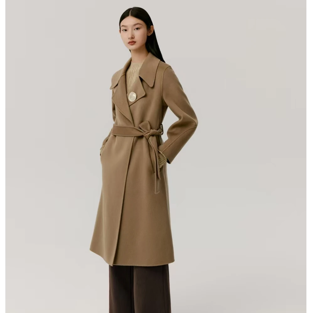 3colour/三彩2024秋冬翻领昵大衣秋冬收腰设计师系带外套双面昵