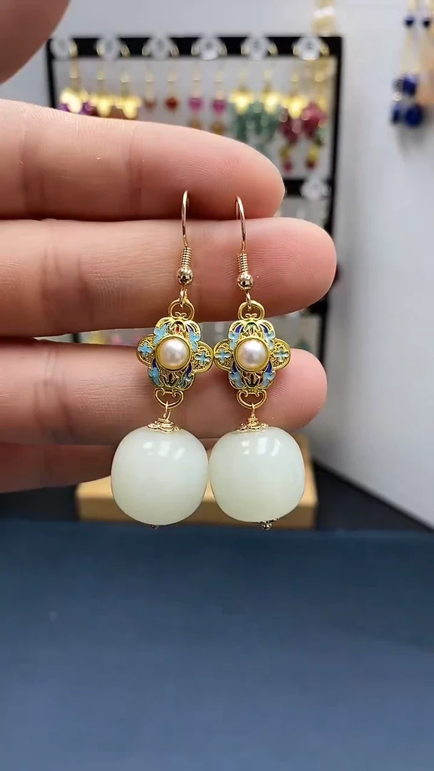 【闪购商品】和田玉耳饰银S925镀金镶嵌尺寸16mm桶珠A2