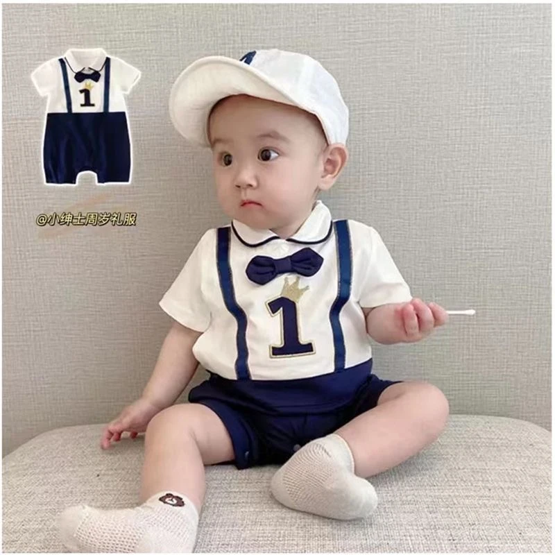 婴儿夏季薄款短袖哈衣纯棉连体衣假两件绅士帅气男童新生周岁礼服