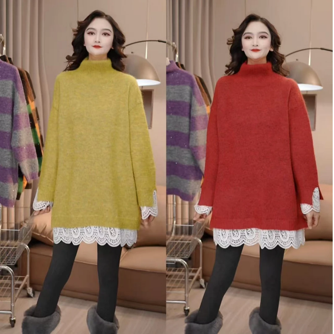 冬季新款长袖女厚款高领下摆拼接蕾丝毛衣韩版时尚显瘦套头2813#