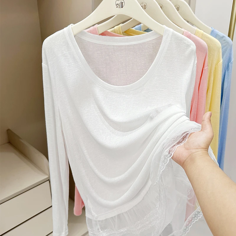 时尚百搭宽松大圆领冰丝长袖T恤女新款拼接蕾丝针织防晒罩衫上衣
