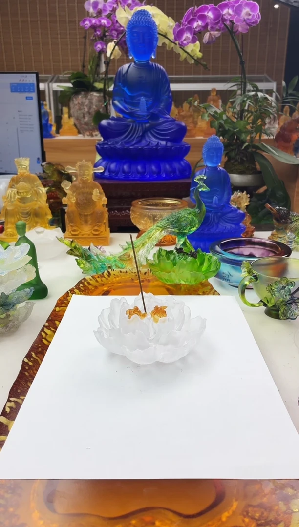 手工艺品琉璃11公分牡丹花线香插白色
