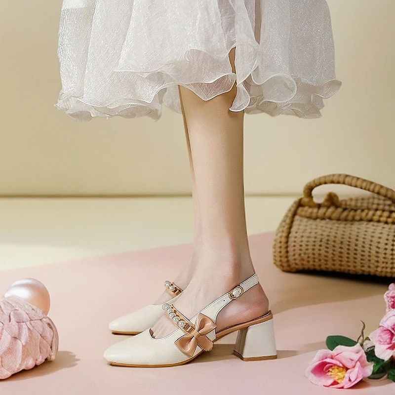 日系甜美软皮女鞋夏珍珠女配裙鞋蝴蝶结4厘米不累脚包头后空凉鞋