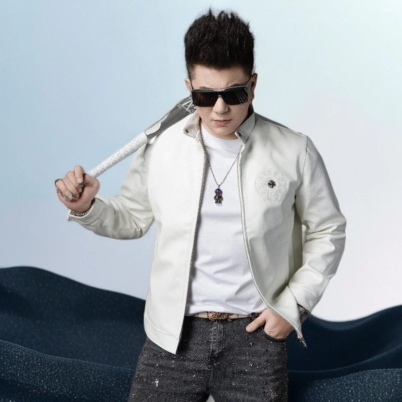 巴赛娜缇潮流徽章刺绣皮衣外套男士休闲上衣新款秋季潮牌皮夹克