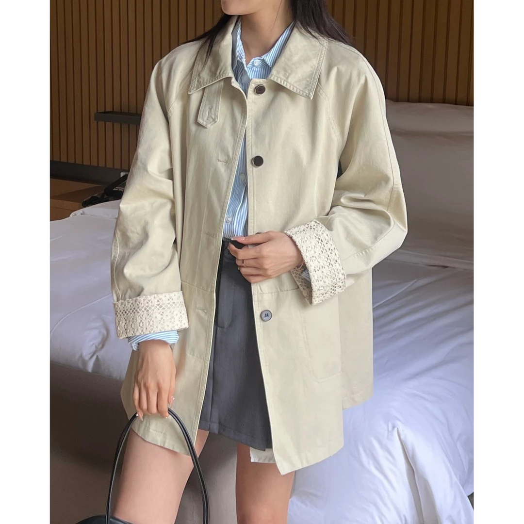 WYFS春季新款袖口蕾丝翻边中长款风衣