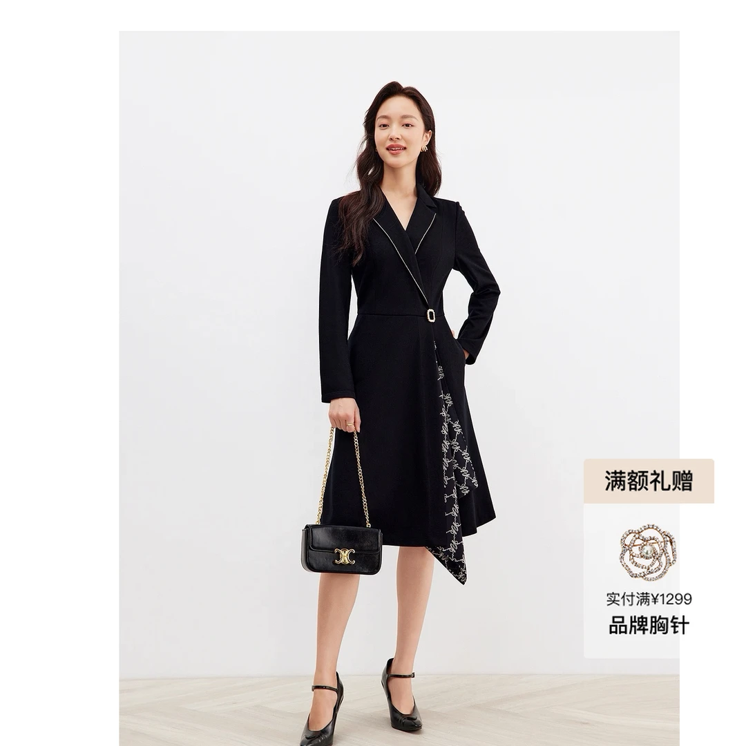 珂莱蒂尔新款气质长袖法式黑色收腰连衣裙KF08467W0