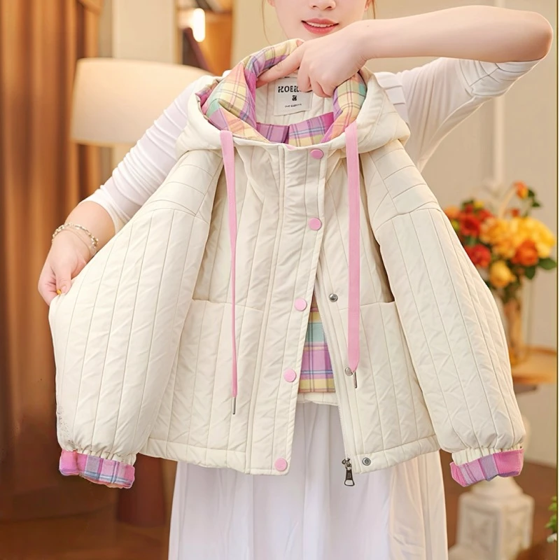 女童夹棉外套秋冬2025新款格子拼接连帽二棉棉服加厚假两件棉衣潮