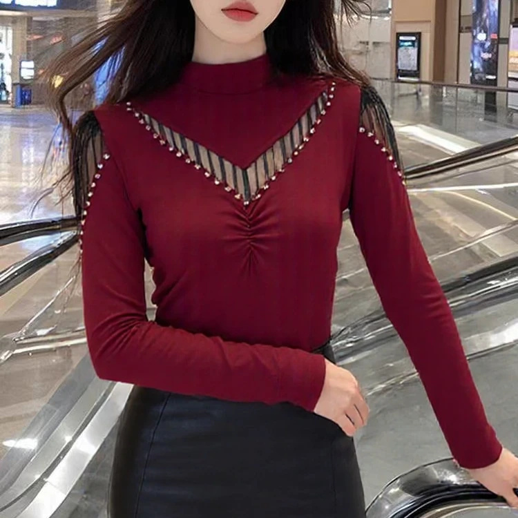 冬季2026新款打底衫女钉珠网纱露肩半高领长袖t恤身显瘦上衣小众