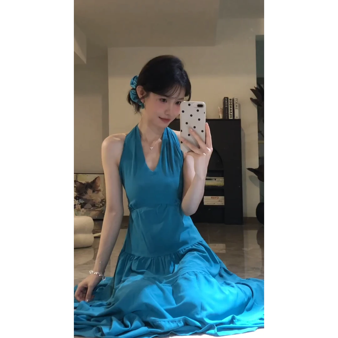 MARIE.COCO夏日海边度假风无袖挂脖连衣裙女法式绝美气质显瘦长裙