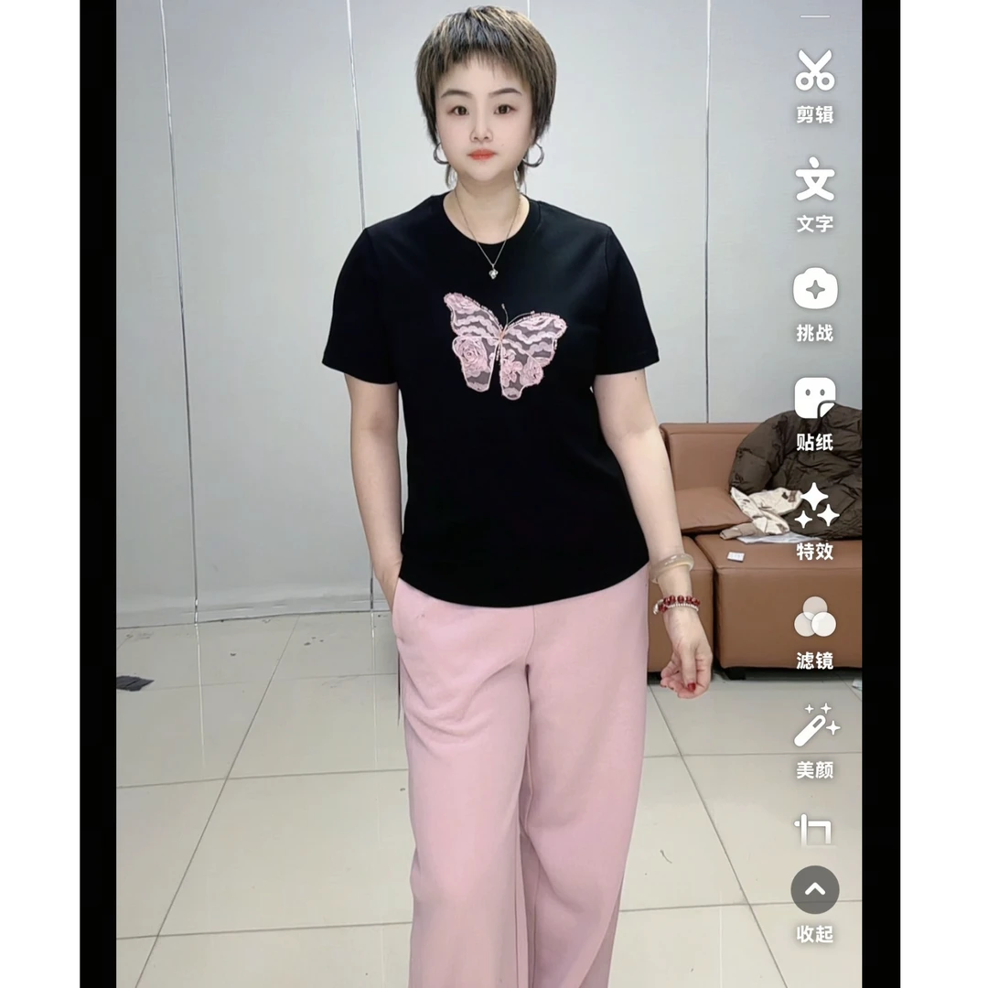 小施家时尚设计感工艺蕾丝蝴蝶刺绣闪钻显瘦T恤6688