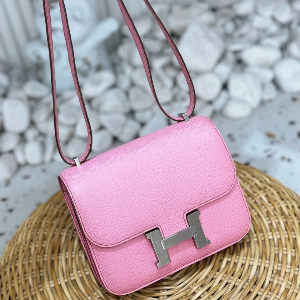 99新 Hermes/爱马仕 康康19 5p樱花粉 银扣 epsom皮 z刻