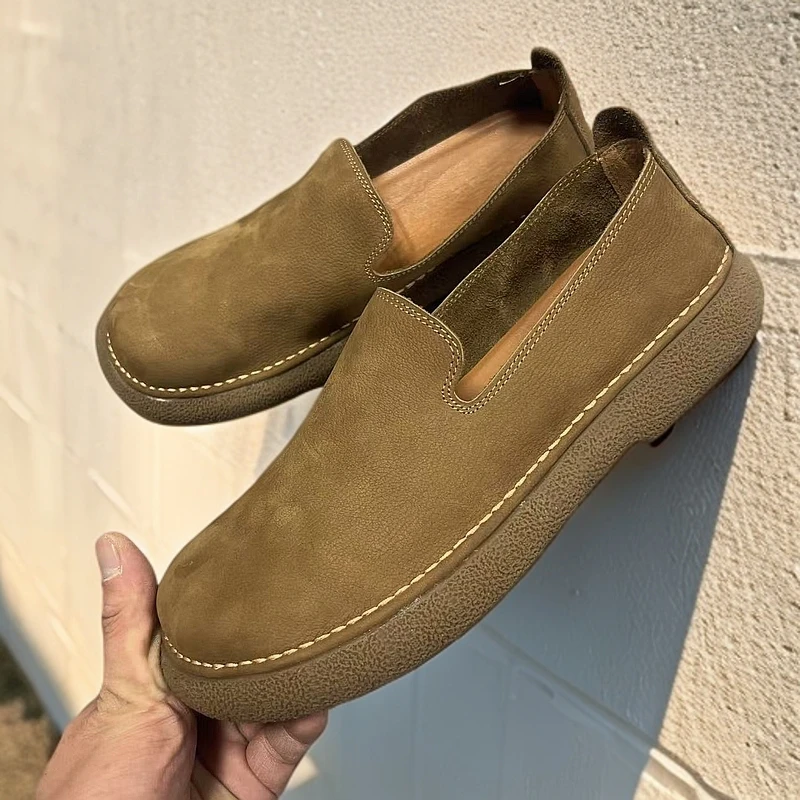 2025男士磨砂皮鞋休闲软底软面百搭透气真皮复古一脚蹬懒人乐福鞋