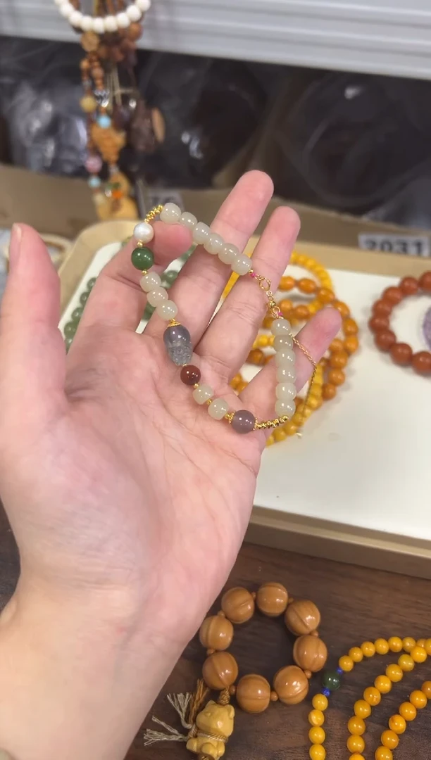 手链银S925镶嵌和田玉和田玉藕粉设计款银手链[0335]