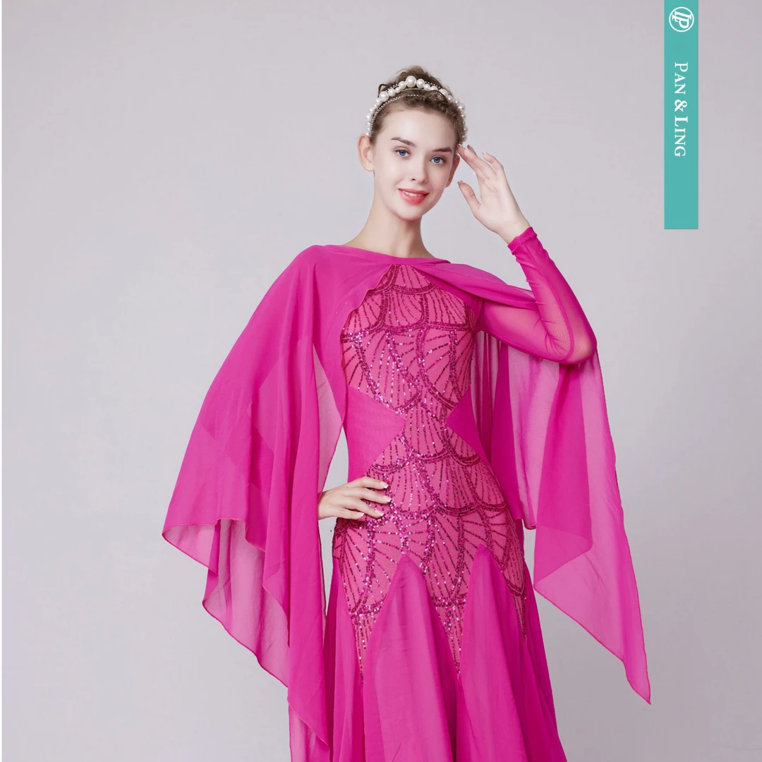 【LP舞服】原创设计-新款立体鳞形刺绣亮片披肩摩登舞国标舞连衣裙