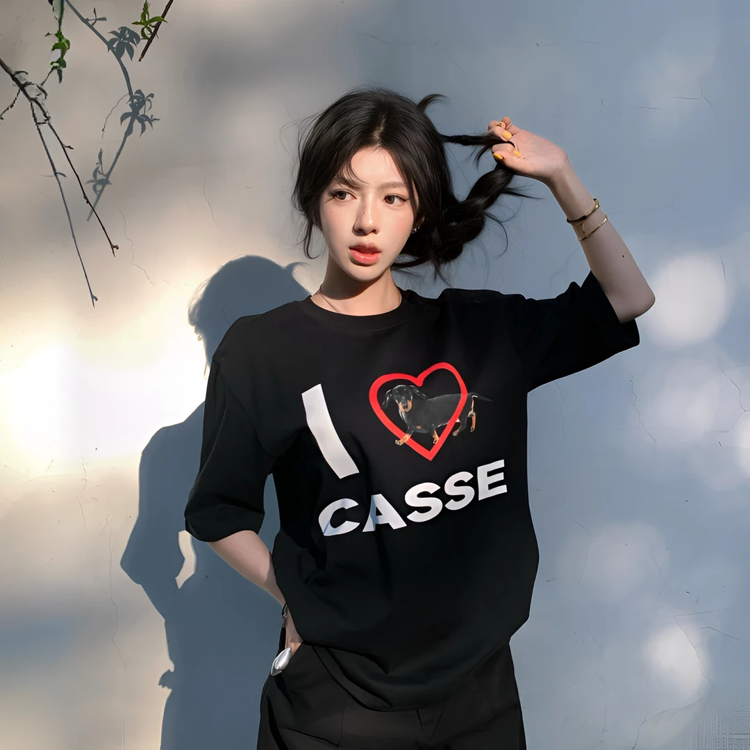 【“wo爱狗狗"sunshine】美式复古印花休闲宽松舒适秋游情侣短袖T恤
