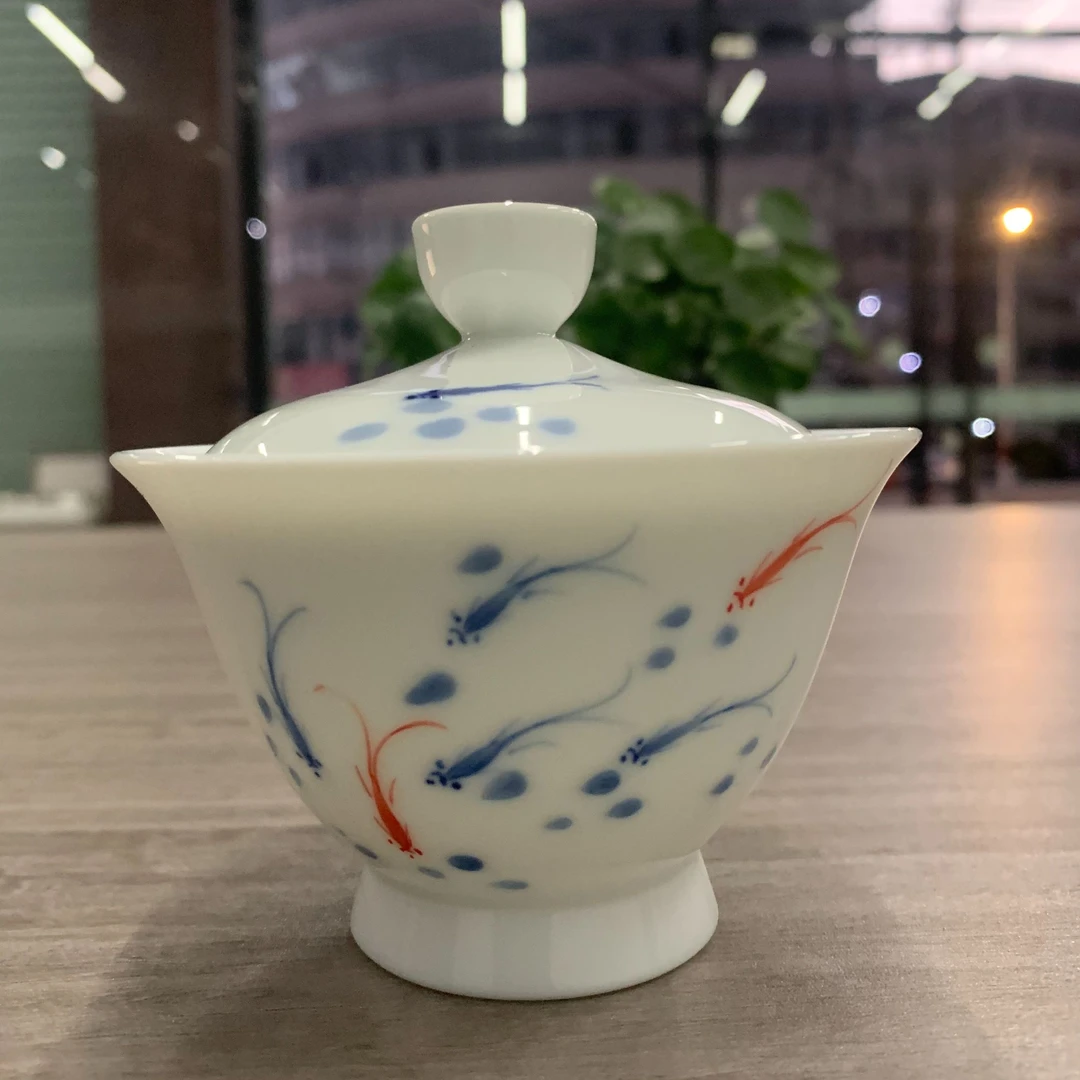 陶瓷白瓷年年有余盖碗手绘家用泡茶功夫茶具敬茶单个主人两才茶碗