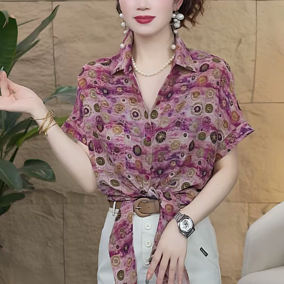 夏季新款时尚洋气翻领短袖衬衫法式显瘦减龄烫钻碎花百搭气质上衣
