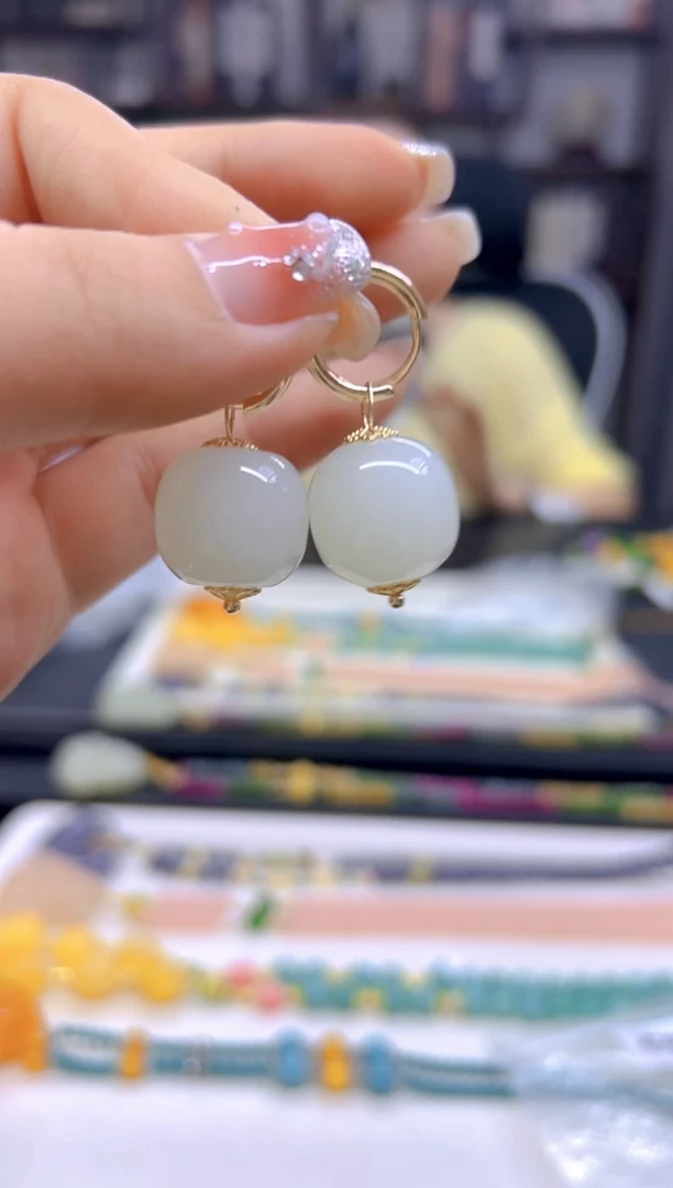 和田玉14K金镶嵌耳饰DIY款E408