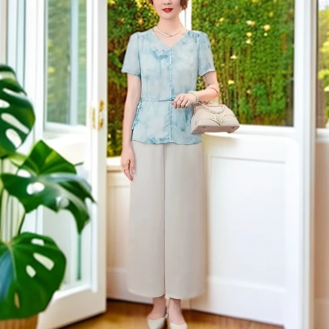 A1823#蓝【木兮兮专属】2025年夏季新款气质显瘦时尚印花百搭套装女