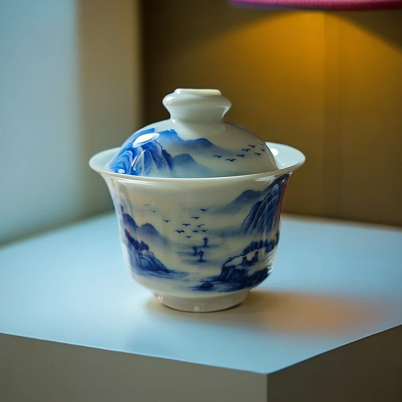 手工青花山水陶瓷盖碗高档青花瓷景德镇手绘功夫茶具