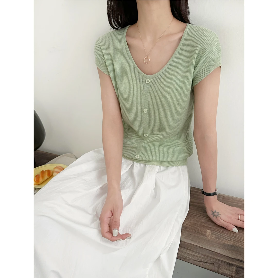 2112【飞飞袖U领针织衫】夏季新款宽松针织衫纯色薄款女士上衣