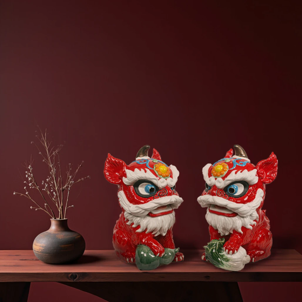 【本尼家】非遗手工石湾陶红色醒狮狮子瑞兽家居饰品客厅玄关摆件