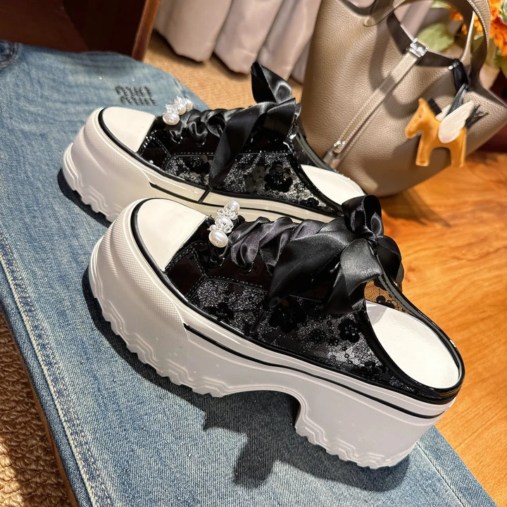 2025亮片夏季透气厚底增高小个子超轻水钻网面仙女风包头拖半拖鞋