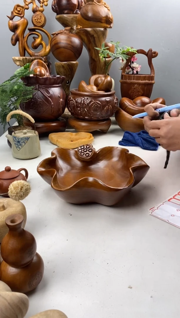 香樟木A9莲蓬果盆/尺寸28*31*9