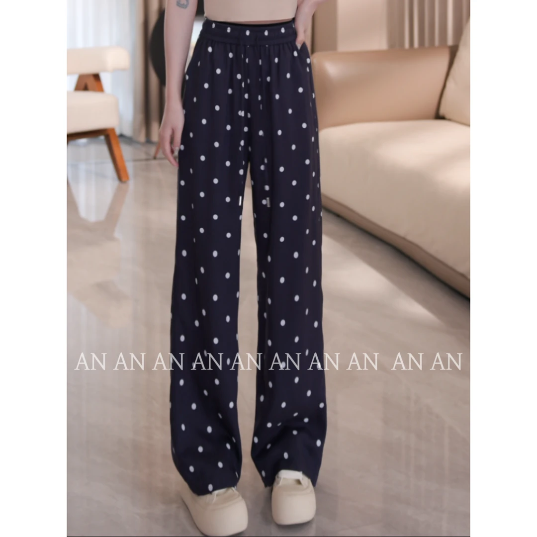 C07118亚麻垂感宽松小个子百搭松紧腰阔腿波点休闲裤