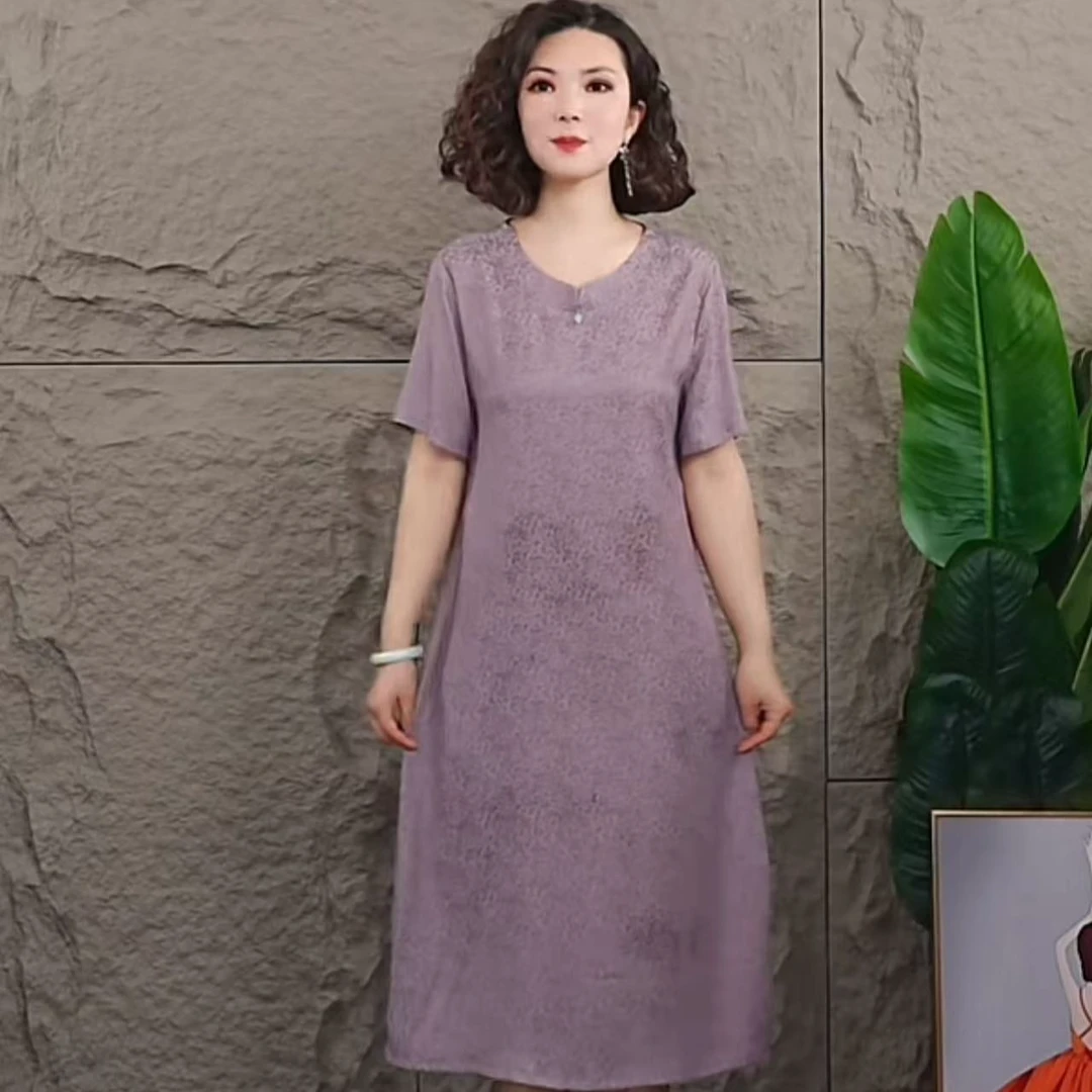 673新款时尚气质显瘦女宽松连衣裙中长款圆领紫色提花妈妈装裙子