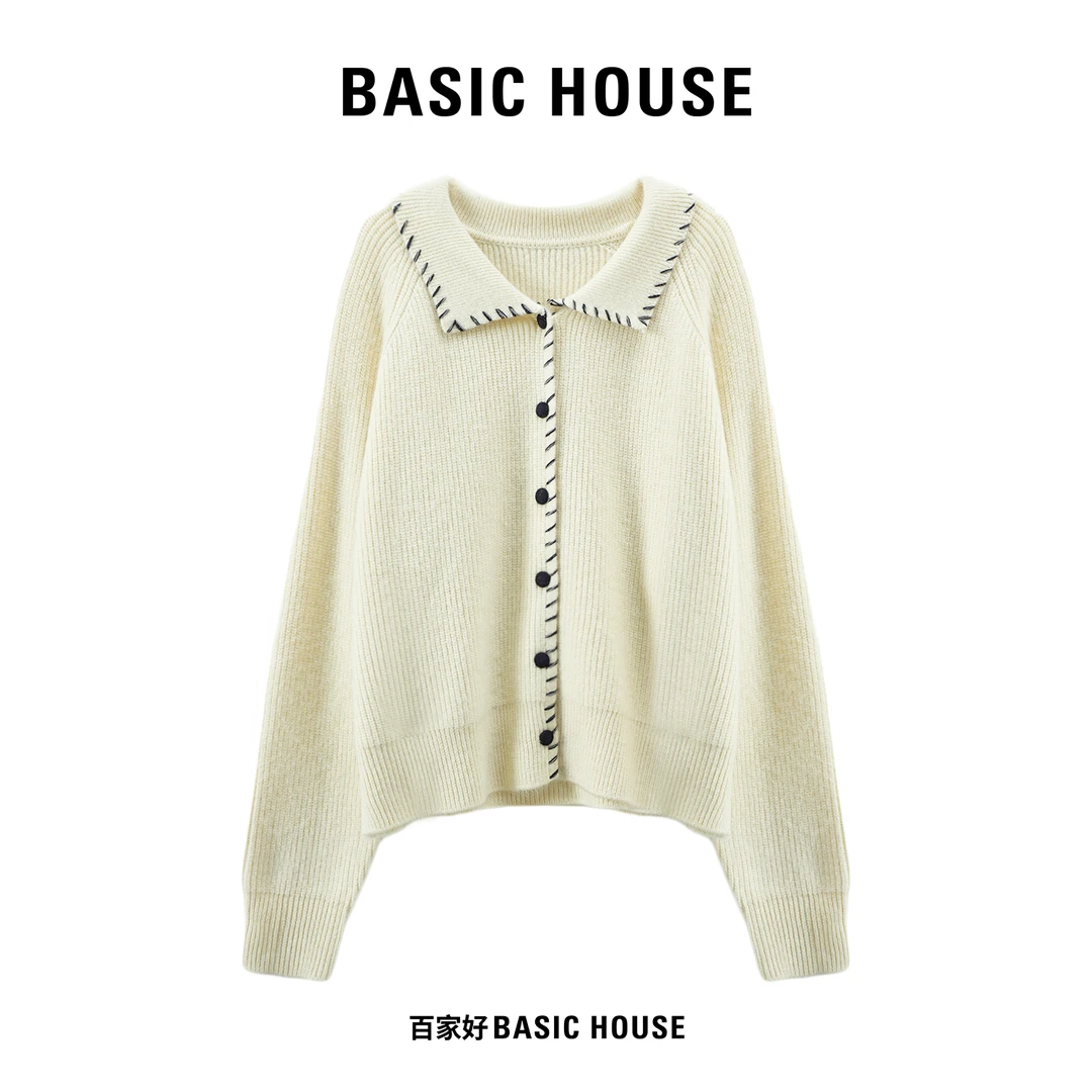 Basic House/百家好2025冬单排扣翻领设计感单排扣针织衫V212 YY