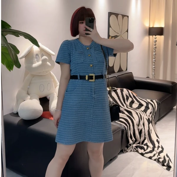 小鑫【南法卢浮】法式复古蓝色圆领连衣裙女春夏季收腰显瘦