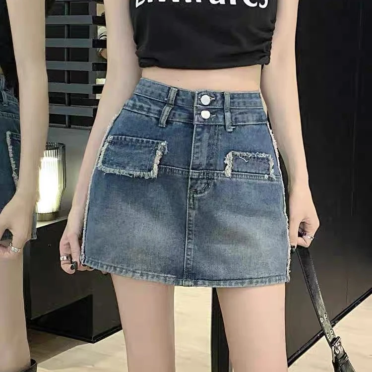 高腰A字牛仔半身裙春夏韩系紧身裙ins小个子防走光短裙超短裙