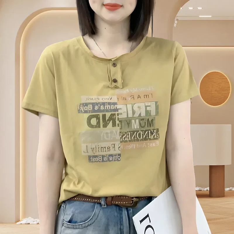 新款个性时髦短袖T恤衫中年女士妈妈装洋气宽松显瘦遮肚短袖上衣
