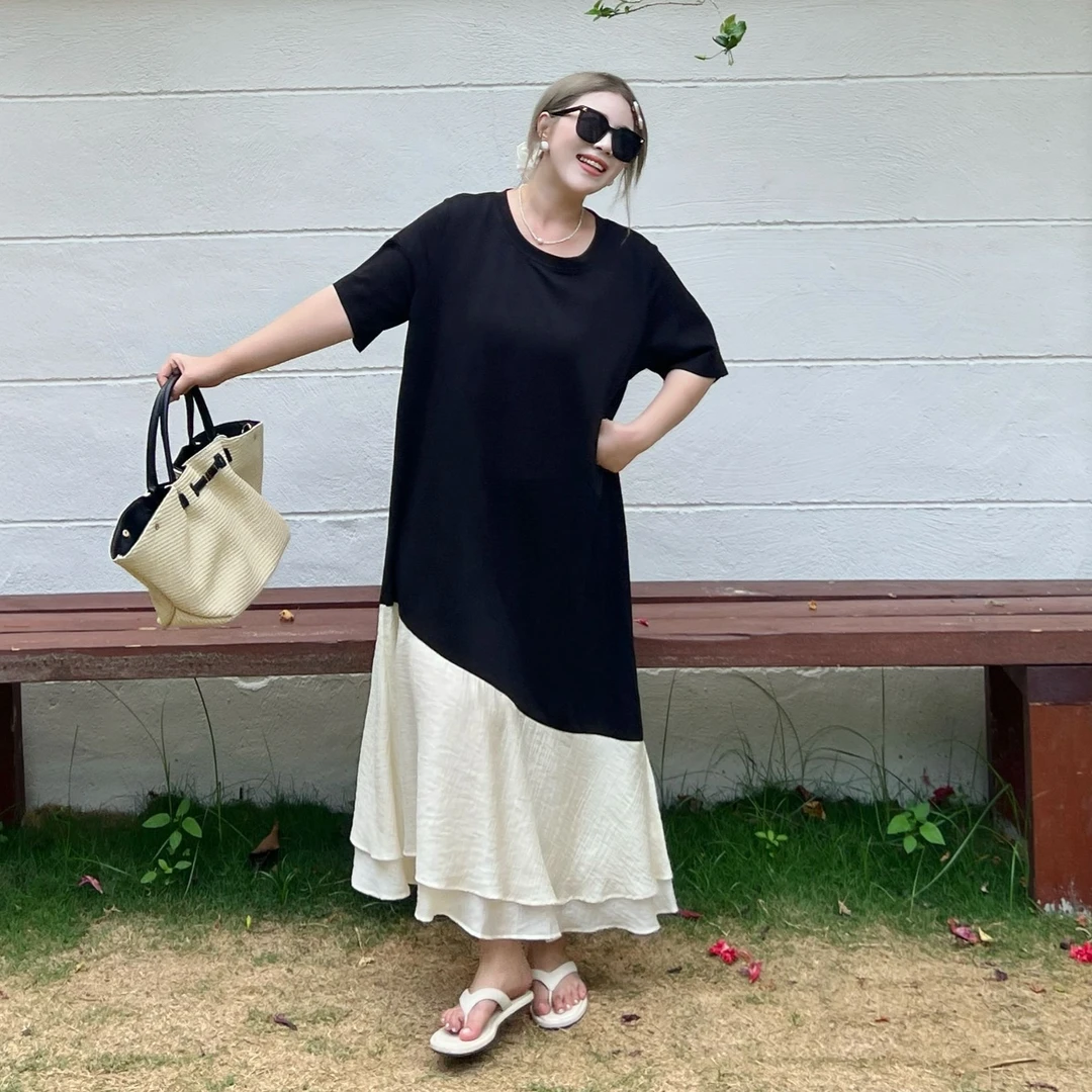 媛子大码洋气鱼尾裙高级感减龄不规则裙摆夏季凉感宽松显瘦连衣裙