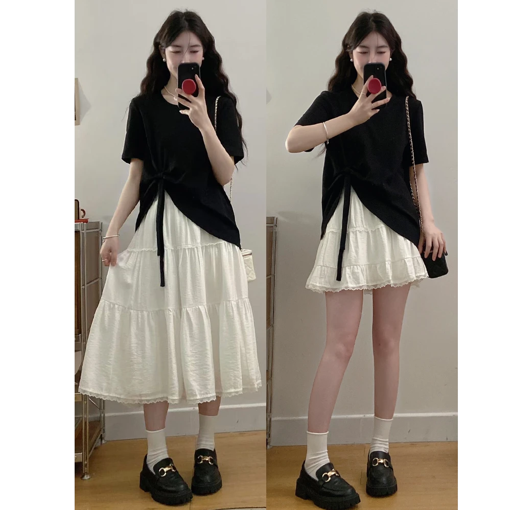 大码胖mm夏季新款设计感温柔风花边裙+蝴蝶结宽松T恤两件套