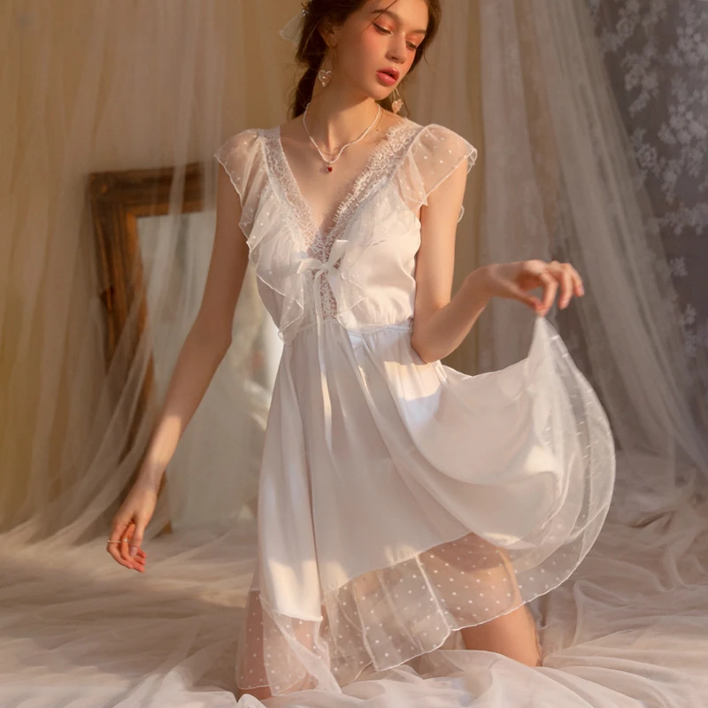 绒夜私语【80-140】可外穿私房长款睡衣纯欲风睡裙蕾丝吊带女士