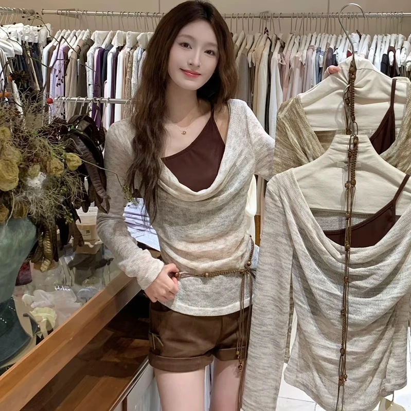 纯欲吊带拼接荡领假两件长袖小衫(配腰绳)
