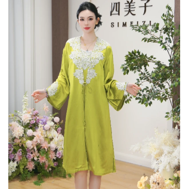 四美子【青荷妍】长款睡裙春秋款宽松简约休闲优雅性感睡衣外套
