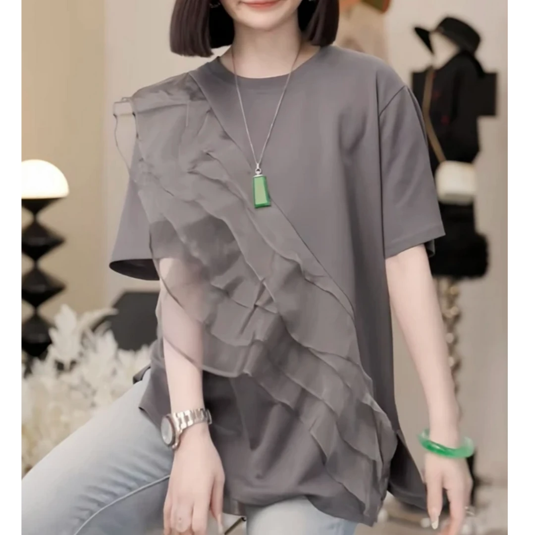 重工荷叶边短袖上衣2025夏季新款宽松显瘦纯色不规则休闲百搭T恤
