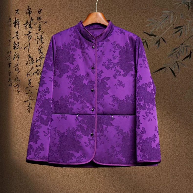 【琉璃牡丹紫色】加棉新中式国风香云纱花萝提花老料立领国潮保暖